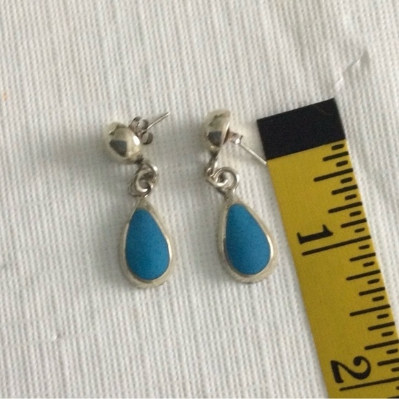 Tear Drop Turquoise Stone Sliver marked 925 Pierced Earrings  #5 - Picture 3 of 5